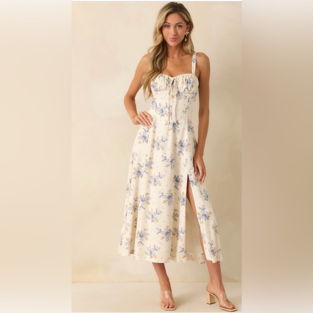 Dress‎ Forum Floral Midi Dress Lace Up Back Cottagecore Dress Size L NWOT